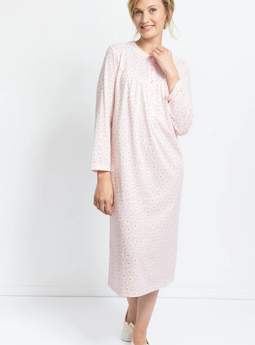 Chemise de nuit femme en coton rose fleur