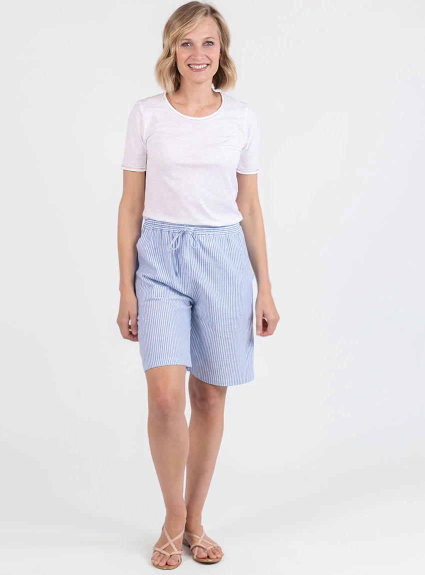 Bermuda femme rayé bleu en lin et coton