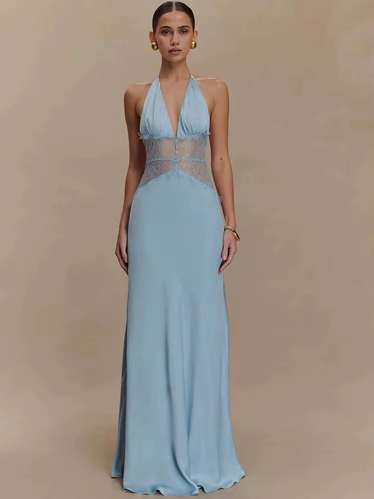 Robe Maxi Dos Nu à Panneaux en Dentelle et Col Halter