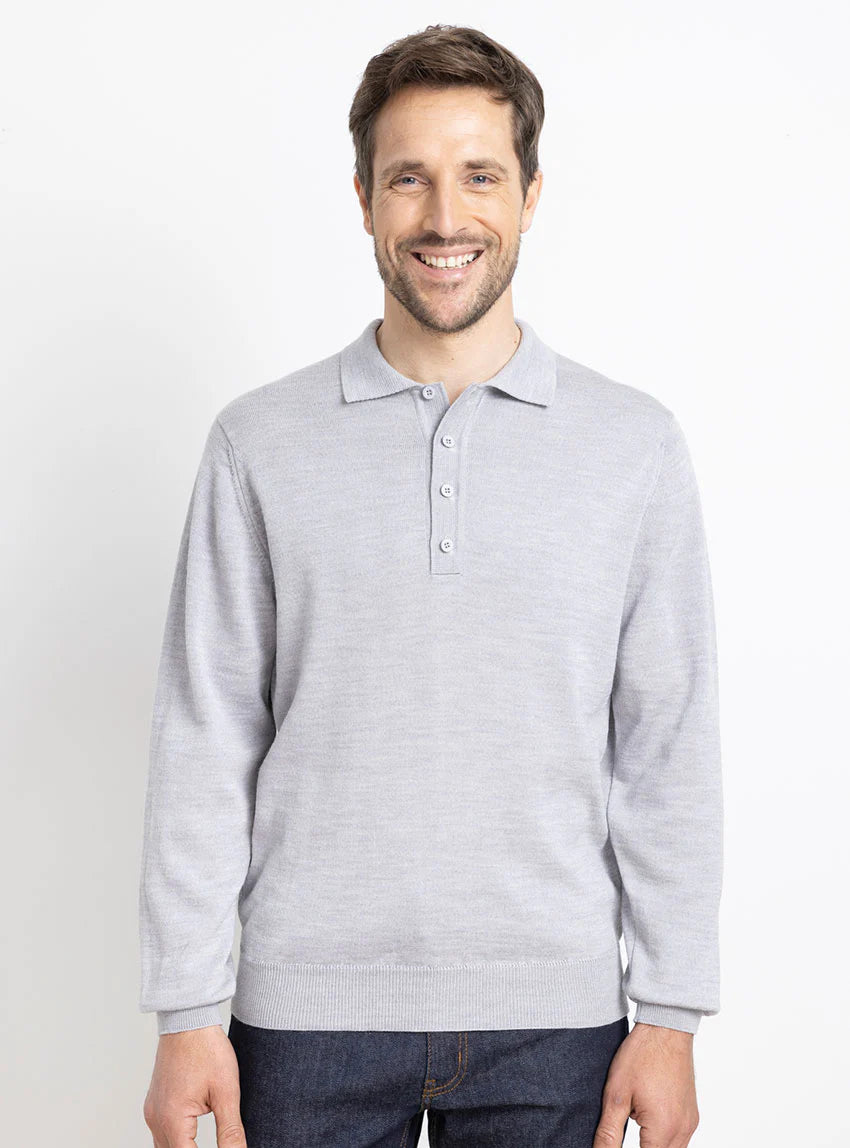 Pull homme col polo en laine gris givré