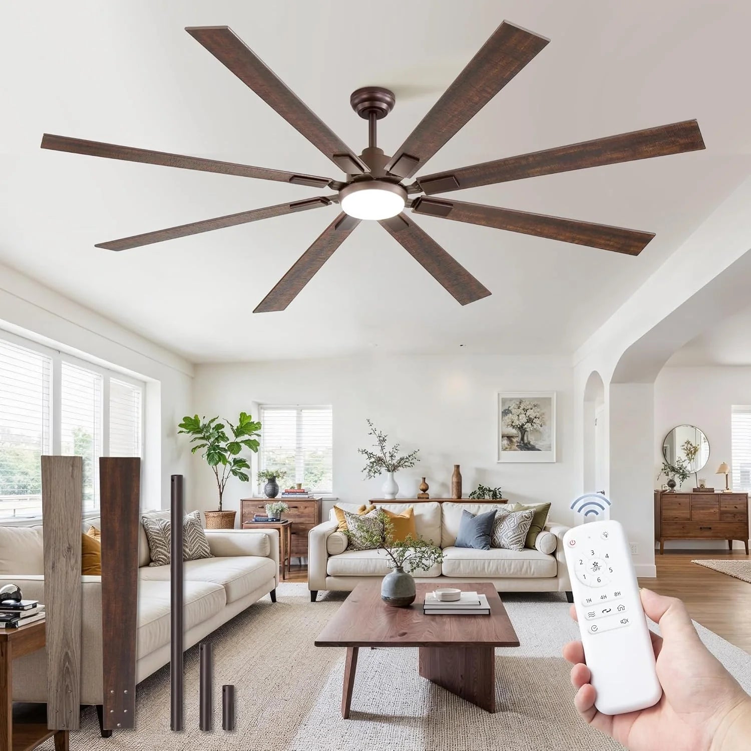 ZMISHIBO 72 inch Large Ceiling Fans with Lights and Remote, Indoor/Outdoor Black Modern Ceiling Fan for Kitchen Living Room Patio, 6 Speed Reversible Quiet DC Motor, 3 CCT, Dual Finish 8 Blades