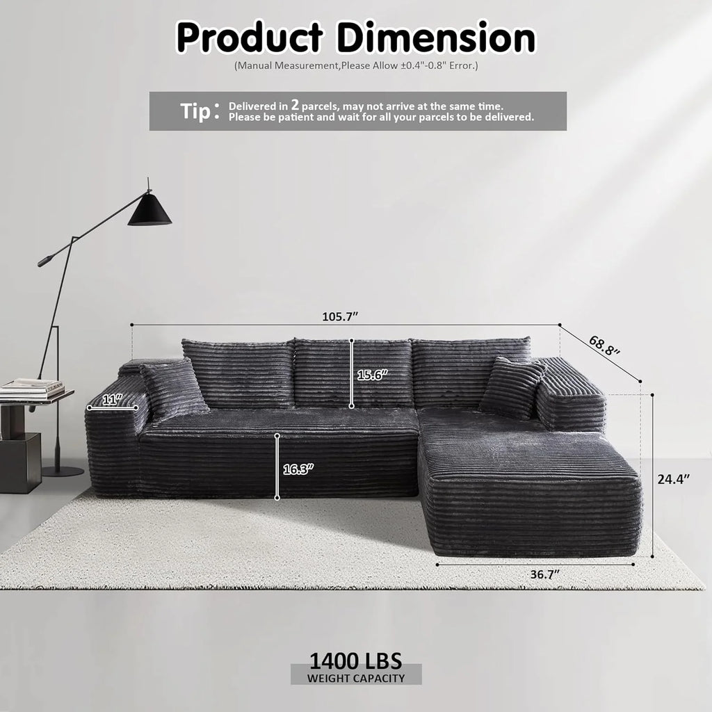 ovios 104 Cloud Sectional Couch with L-Shape Chaise,Modern Modular Sofa with Deep Seat, Upholstered Couches for Living Room Bedroom,No Assembly Required, Grey (Plush Corduroy Fabric)