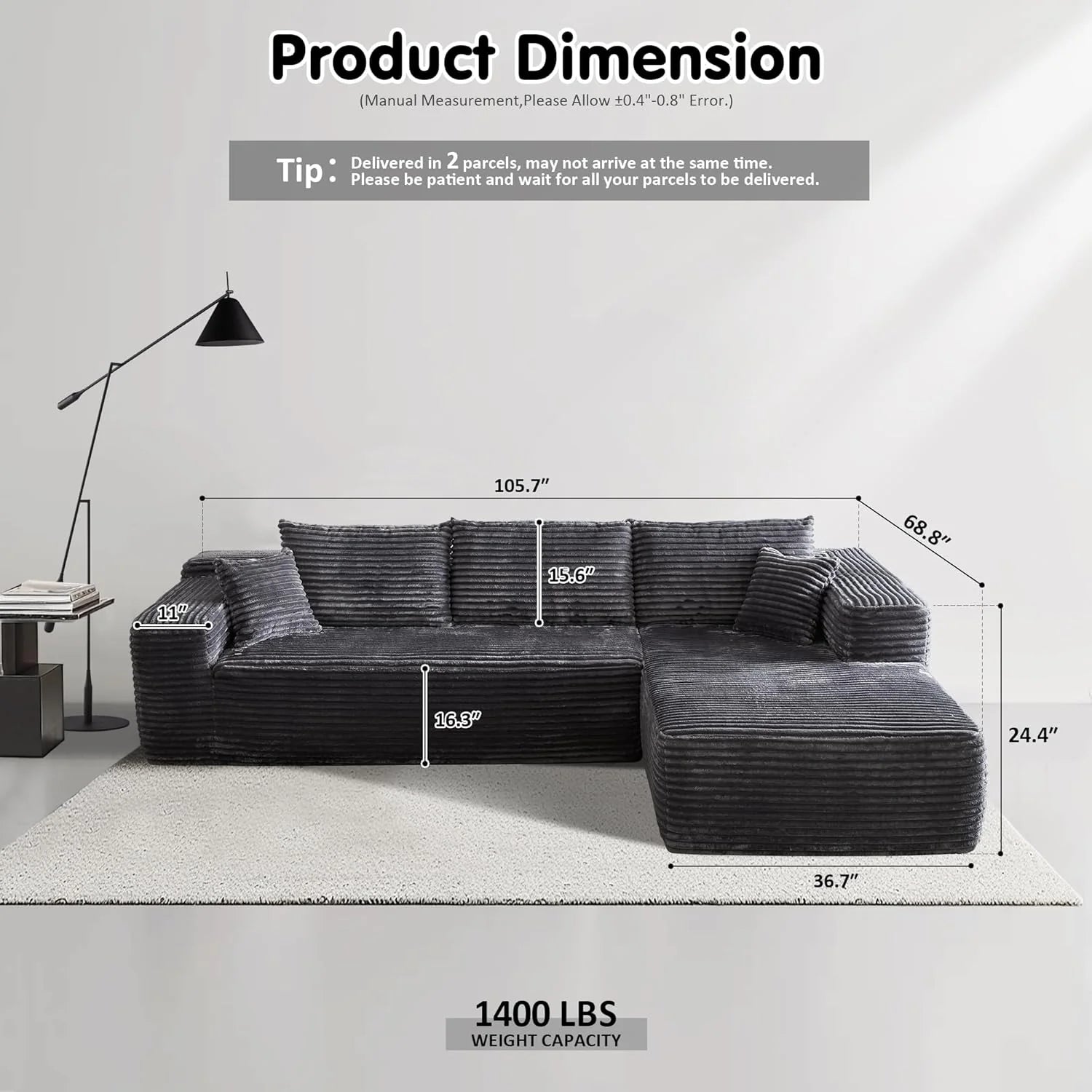 ovios 104 Cloud Sectional Couch with L-Shape Chaise,Modern Modular Sofa with Deep Seat, Upholstered Couches for Living Room Bedroom,No Assembly Required, Grey (Plush Corduroy Fabric)