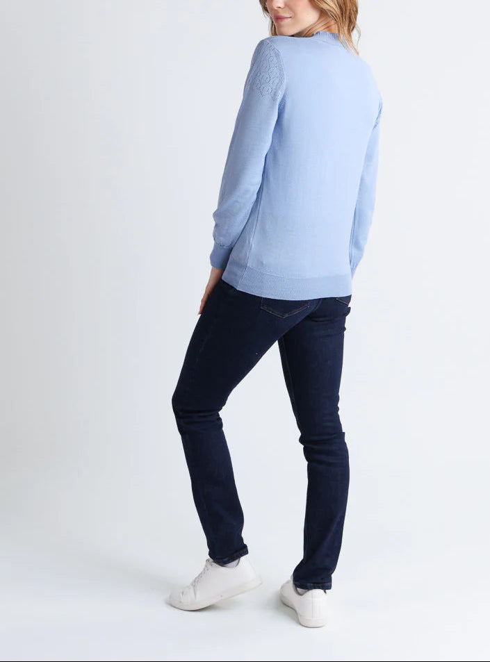 Pull femme col et maille fantaisie en laine mérinos bleu aster