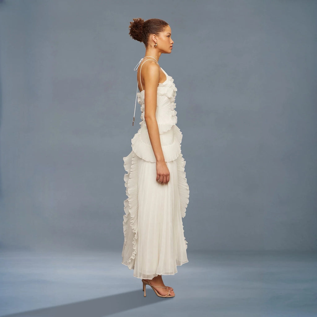 Robe mi-longue plissée blanche en forme de rose thé pour femmes