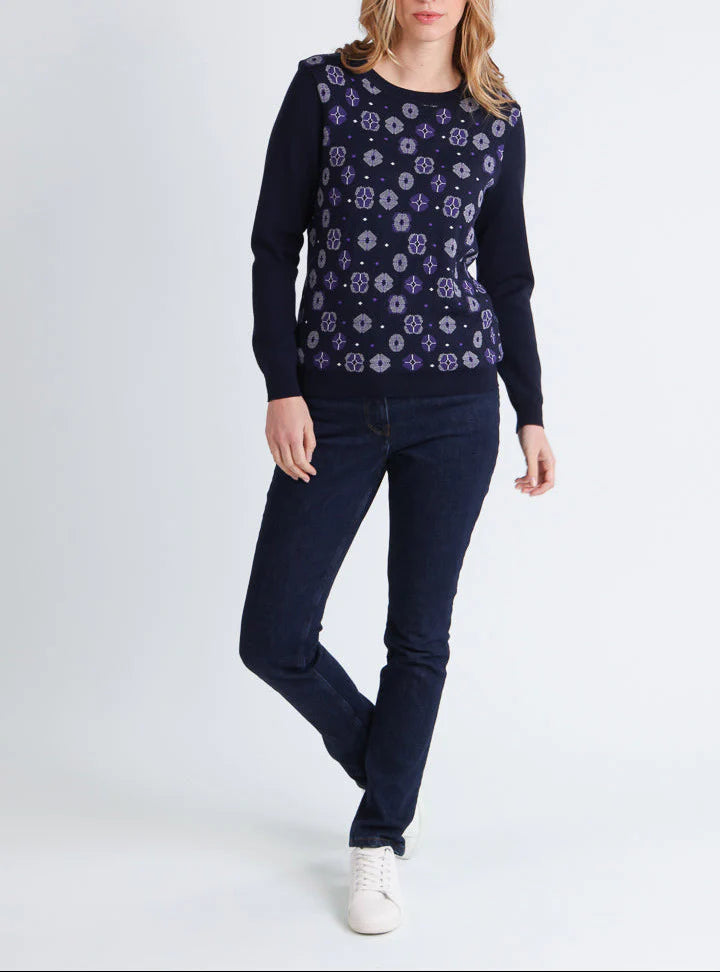 Pull jacquard femme en laine mérinos bleu