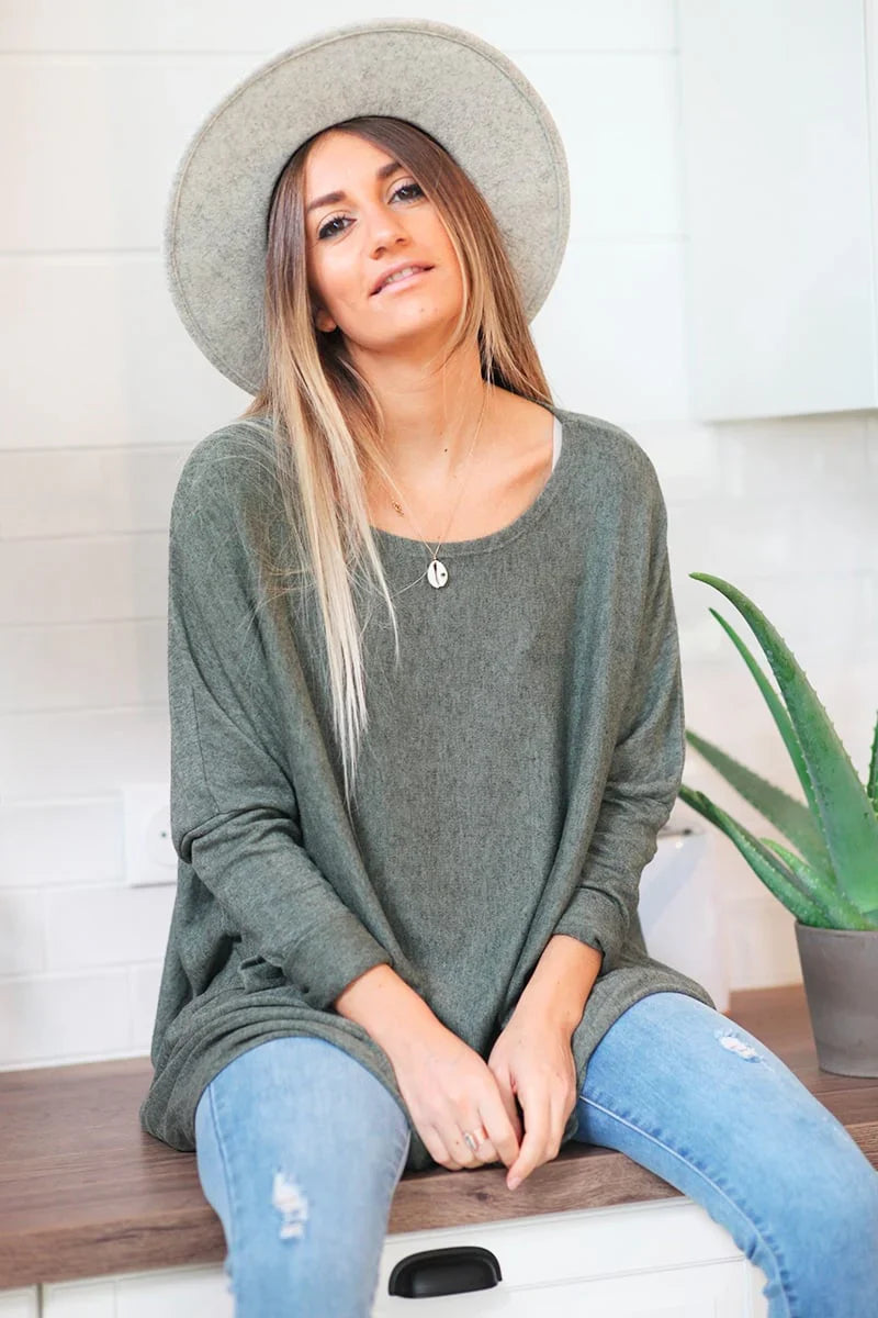 Pull large kaki manches chauve souris