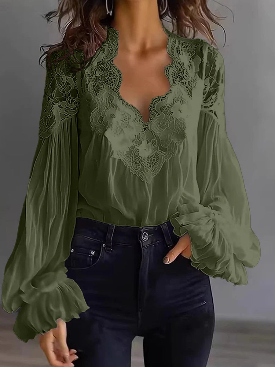 Blouse Femme en Dentelle à Manches Bouffantes Patchwork