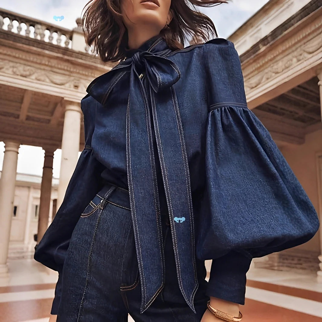 Jodie - Blouse en denim avec nœud élégante
