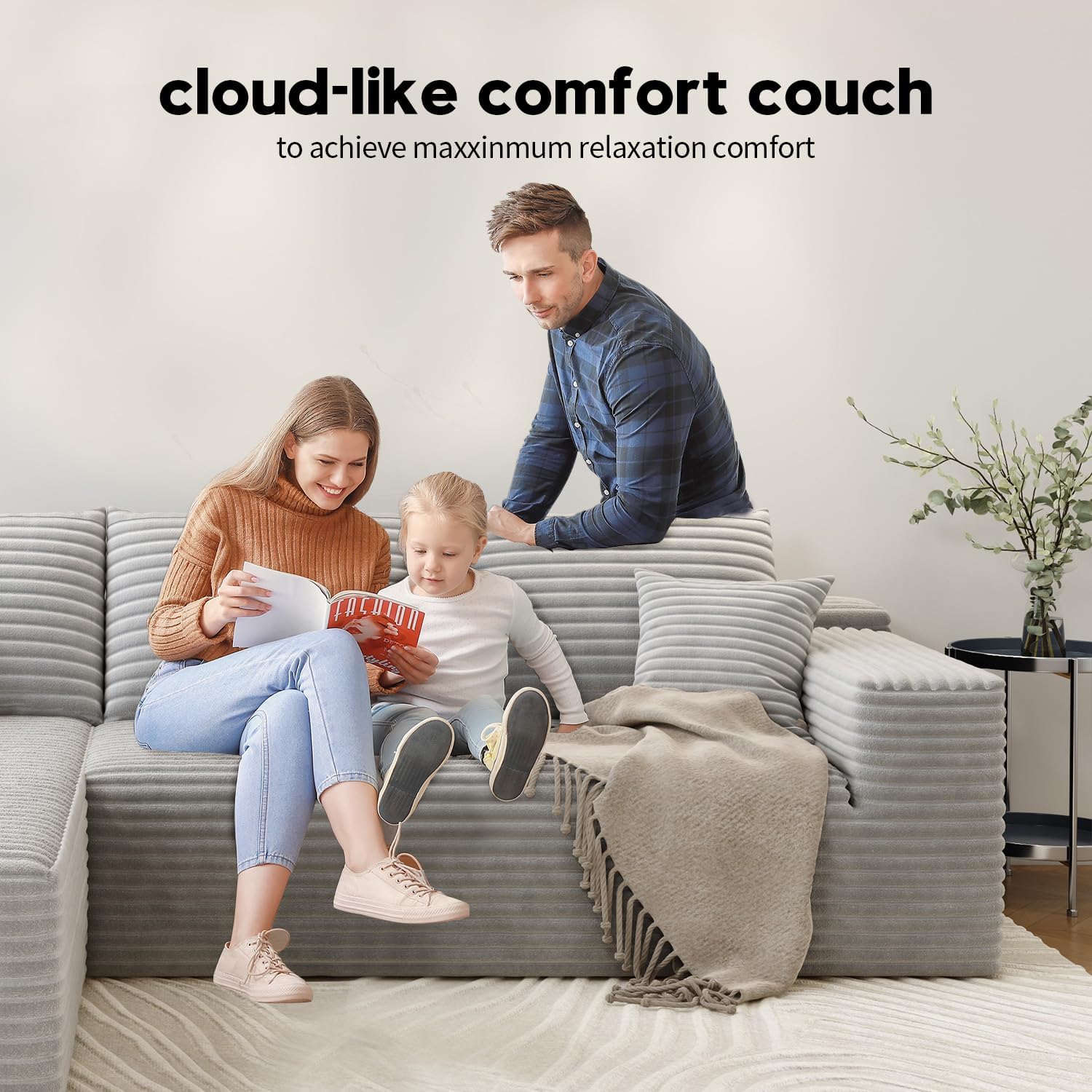 107.5 Cloud Modular Sectional Sofa Couch with L-Shape Chaise,Modern Minimalist Upholstered Couches for Living Room Bedroom,Deep Seat Corner Couch，No Assembly Required (Black,Left Facing Chaise)