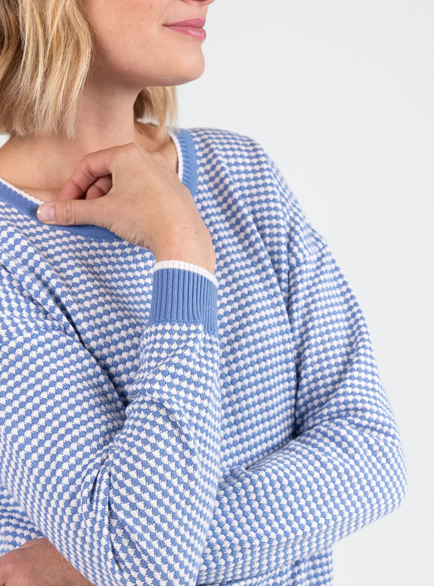 Pull femme bicolore en coton bleu pervenche esprit vichy