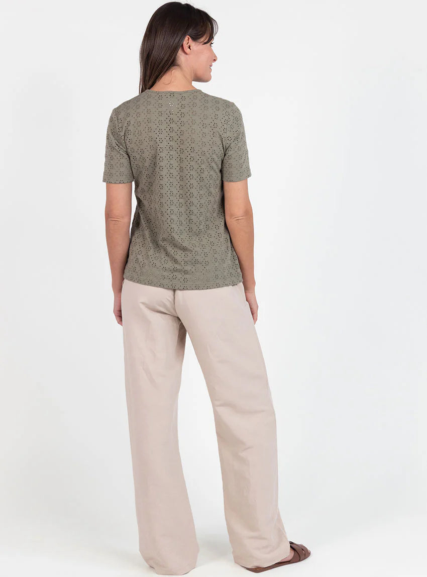 Tee-shirt femme en maille ajourée coton vert kaki