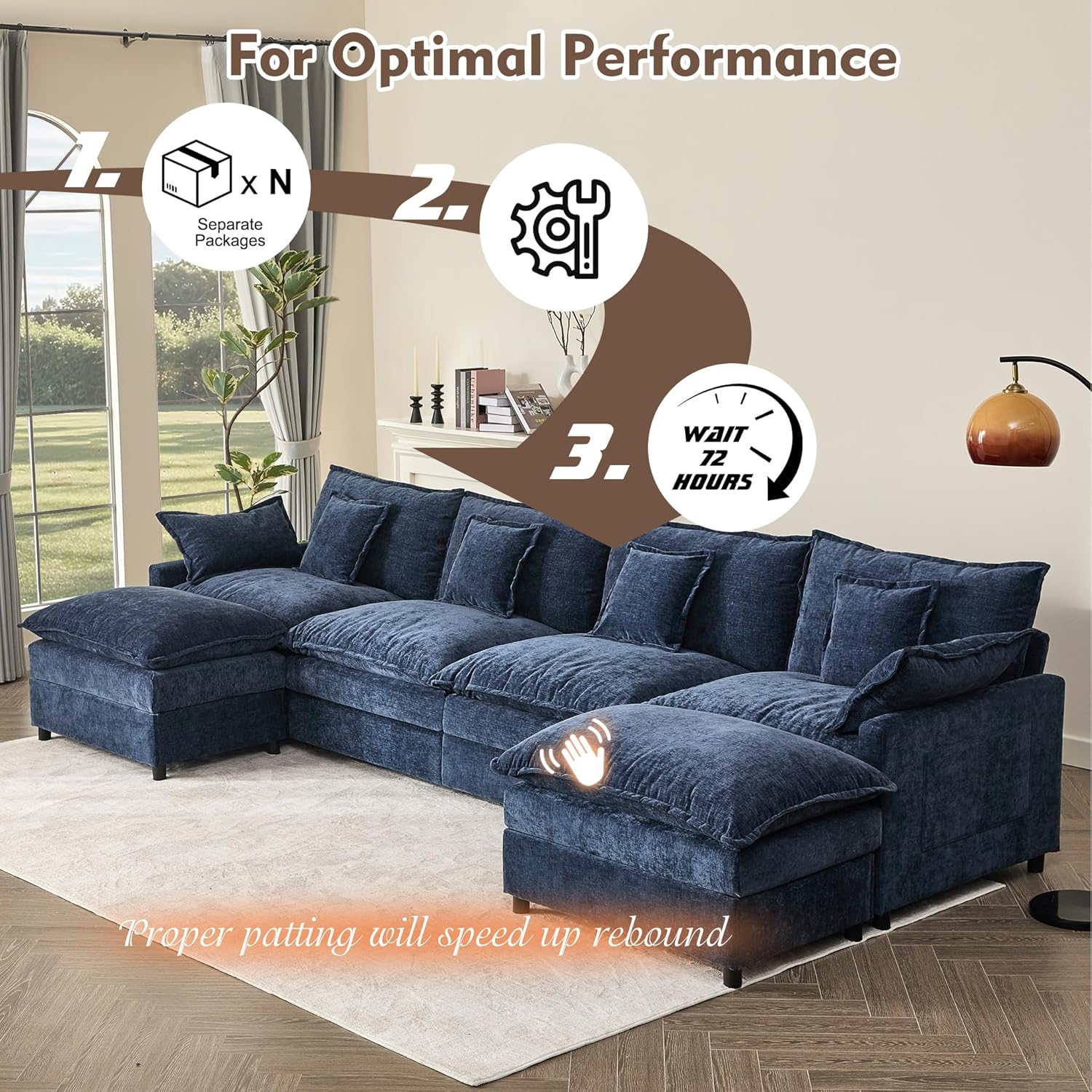 108 U Shaped Couch, Modular Sectional Sofa, 3-Seater Comfy Cloud Couch with Movable Ottoman, Deep Seat Couches for Living Room, Chenille, Slate