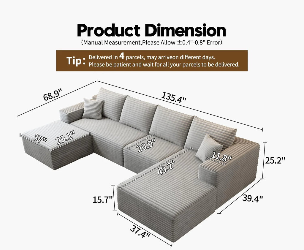 107.5 Cloud Modular Sectional Sofa Couch with L-Shape Chaise,Modern Minimalist Upholstered Couches for Living Room Bedroom,Deep Seat Corner Couch，No Assembly Required (Black,Left Facing Chaise)