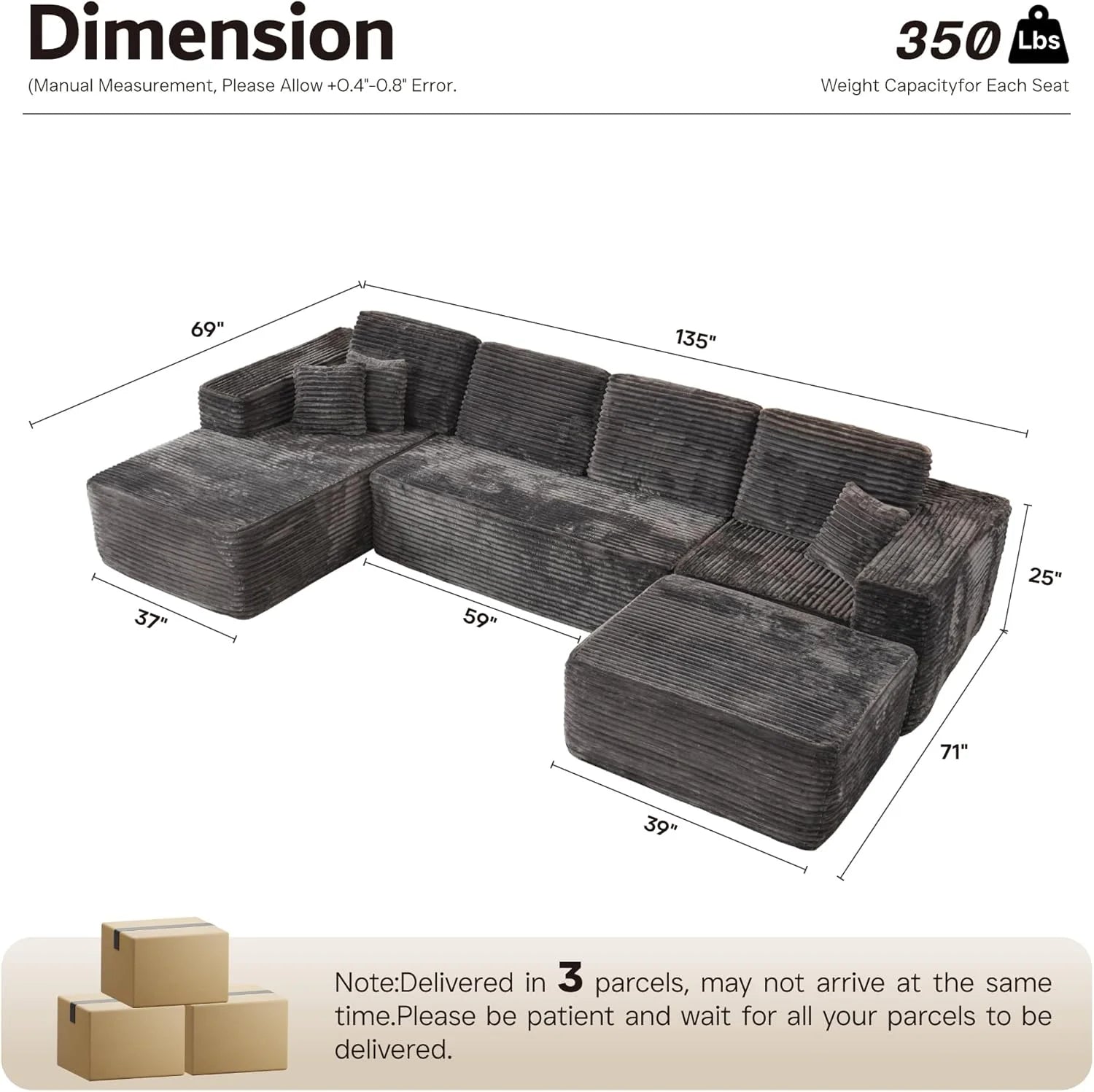 ovios 104 Cloud Sectional Couch with L-Shape Chaise,Modern Modular Sofa with Deep Seat, Upholstered Couches for Living Room Bedroom,No Assembly Required, Grey (Plush Corduroy Fabric)