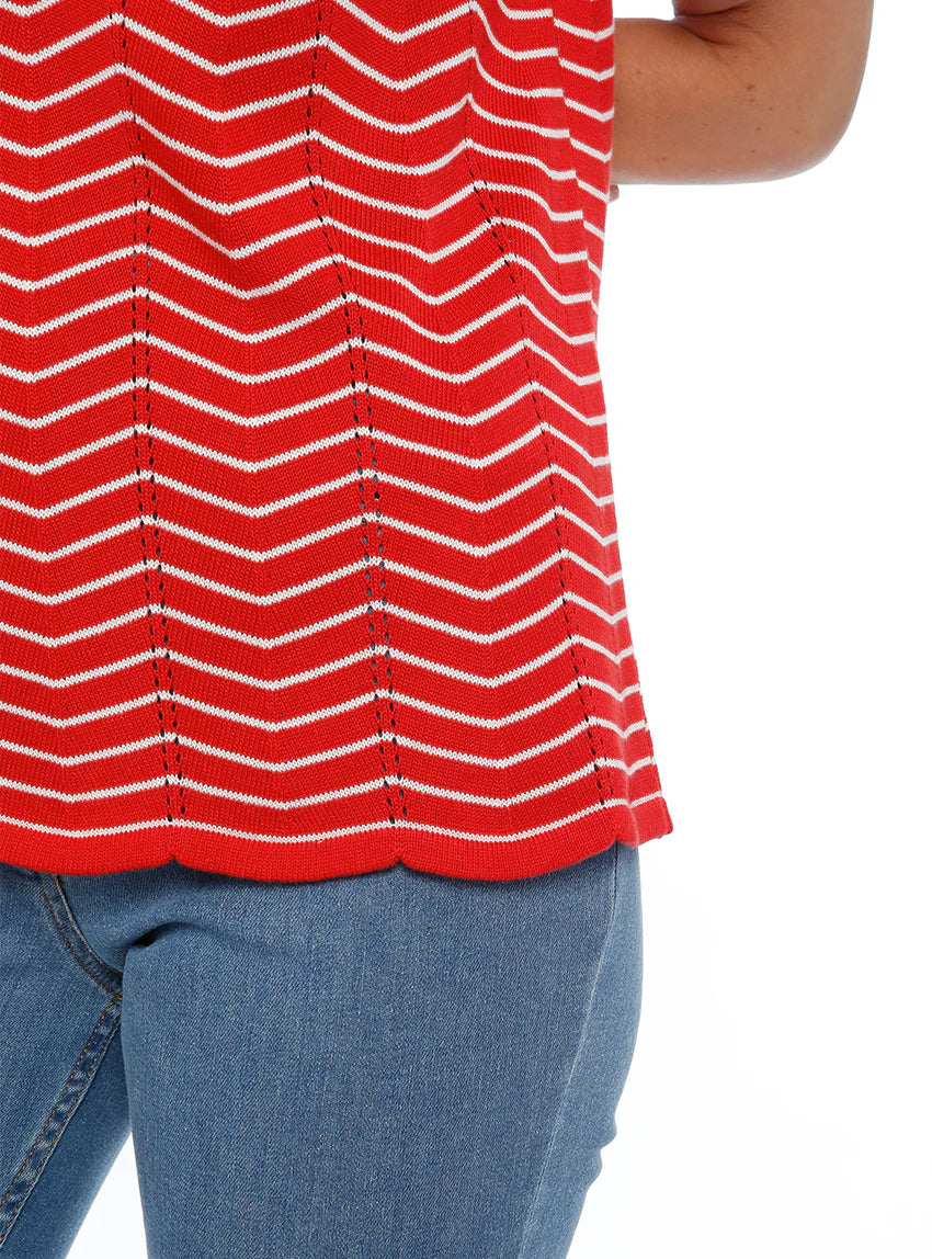 Pull femme coton manches courtes rouge/crème