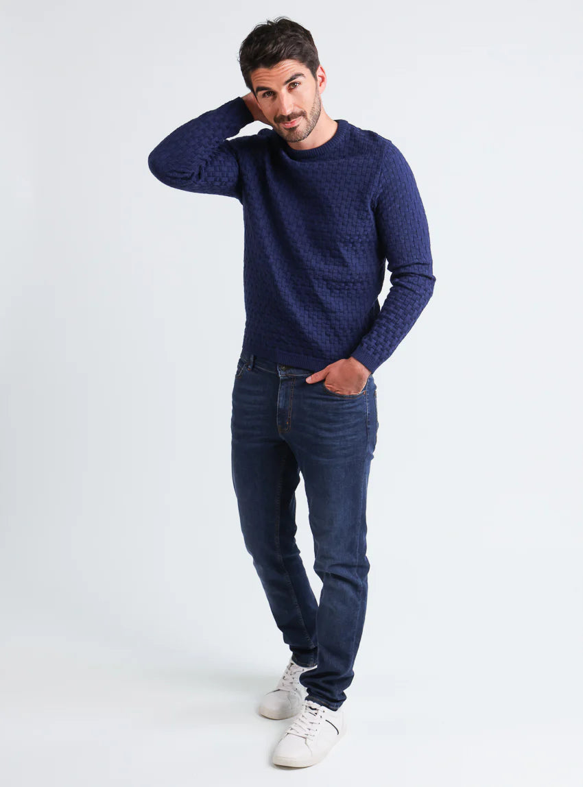 Pull homme damier en laine bleu amiral