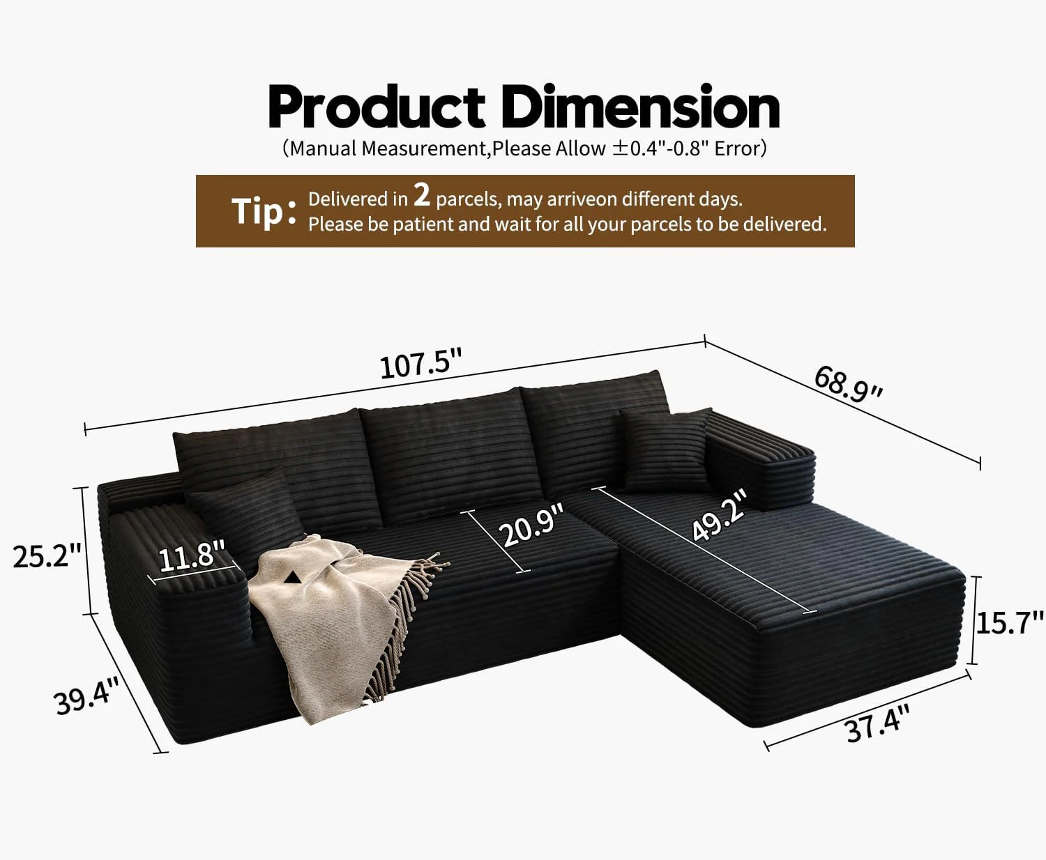 107.5 Cloud Modular Sectional Sofa Couch with L-Shape Chaise,Modern Minimalist Upholstered Couches for Living Room Bedroom,Deep Seat Corner Couch，No Assembly Required (Black,Left Facing Chaise)
