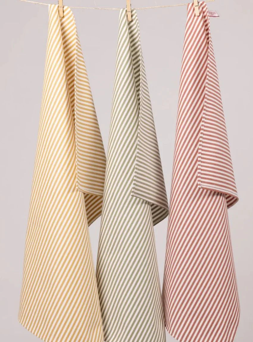 Lot de 3 torchons rayés coton kaki terracotta moutarde