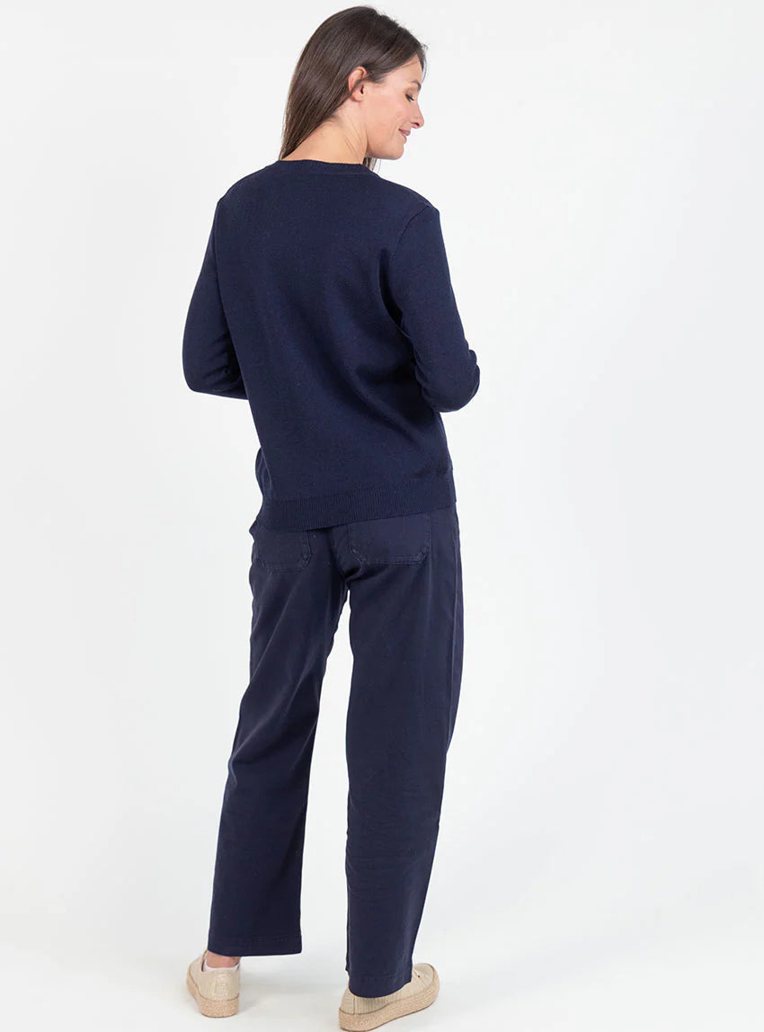 Pull femme en laine mérinos col rond bleu marine