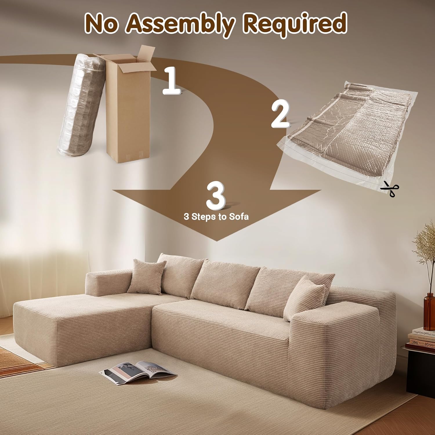 ovios 104 Cloud Sectional Couch with L-Shape Chaise,Modern Modular Sofa with Deep Seat, Upholstered Couches for Living Room Bedroom,No Assembly Required, Grey (Plush Corduroy Fabric)