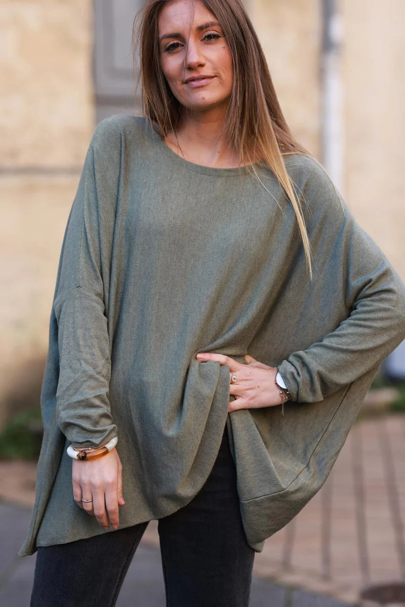 Pull large kaki manches chauve souris