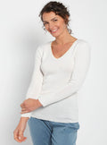 Tee Shirt femme laine mérinos manches longues col V  Blanc naturel