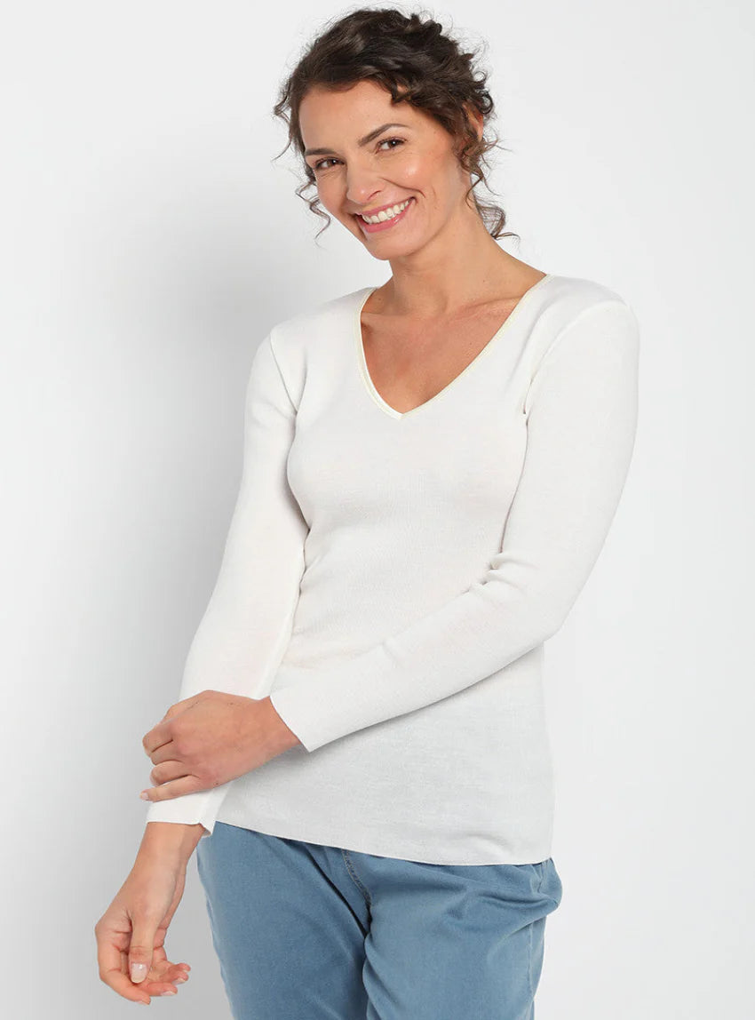 Tee Shirt femme laine mérinos manches longues col V  Blanc naturel