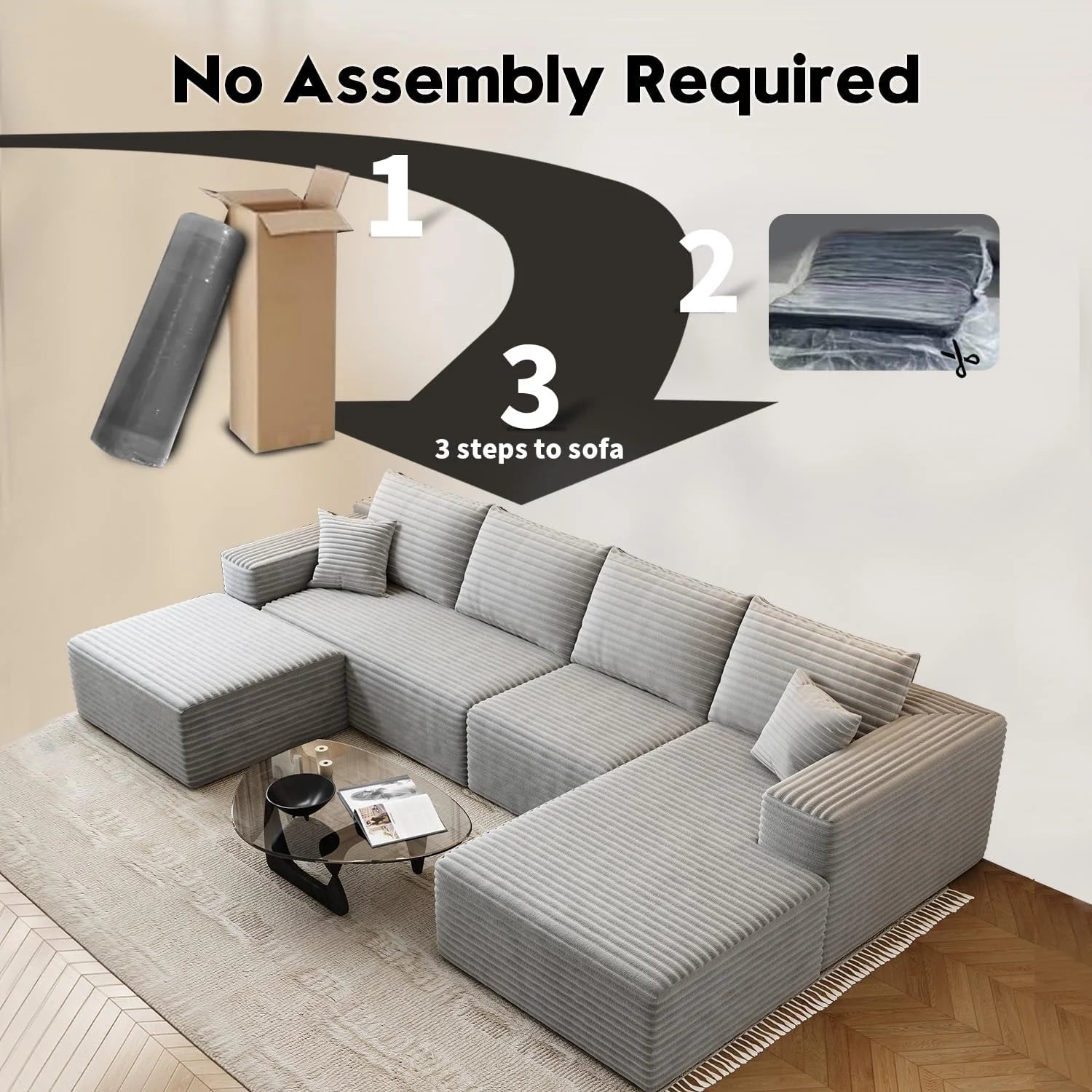 107.5 Cloud Modular Sectional Sofa Couch with L-Shape Chaise,Modern Minimalist Upholstered Couches for Living Room Bedroom,Deep Seat Corner Couch，No Assembly Required (Black,Left Facing Chaise)