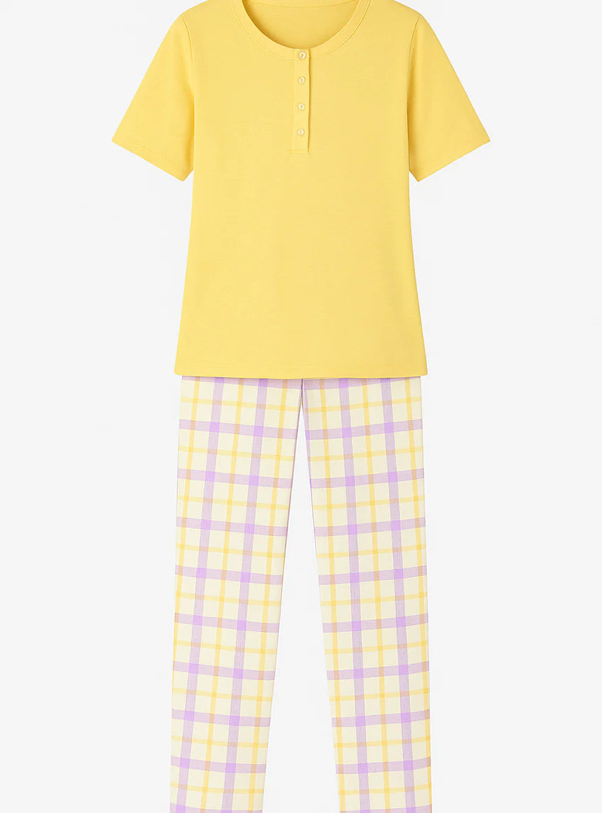 Pyjama femme col rond en coton jaune