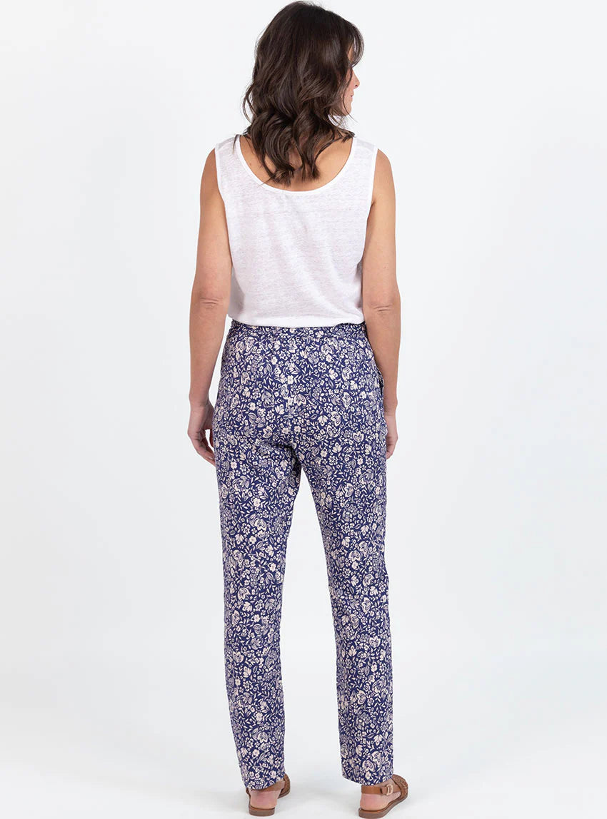 Pantalon femme en viscose imprimé bouquet bleu