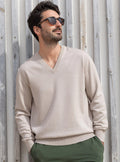 Pull homme col V 100% mérinos beige naturel