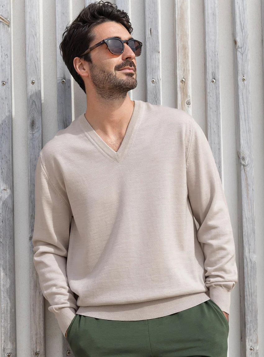 Pull homme col V 100% mérinos beige naturel