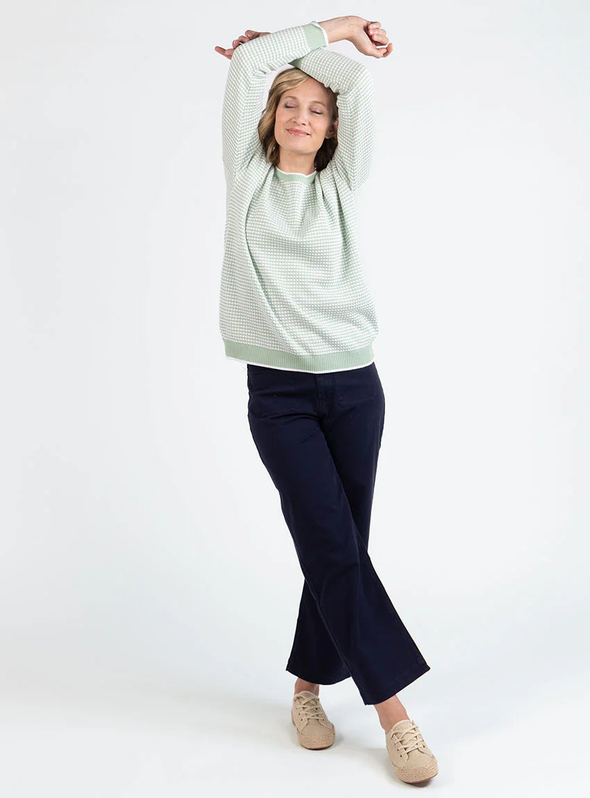 Pull femme bicolore en coton vert amande esprit vichy