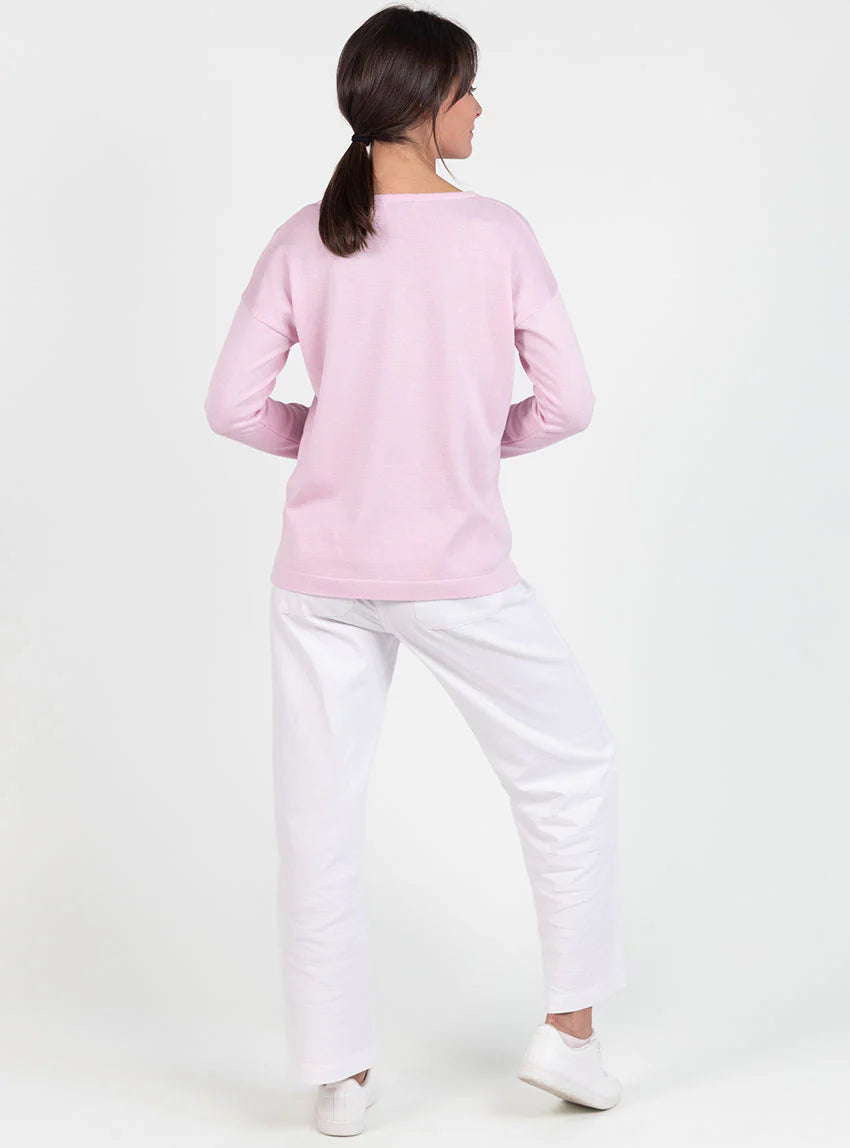 Pull femme col V en coton rose