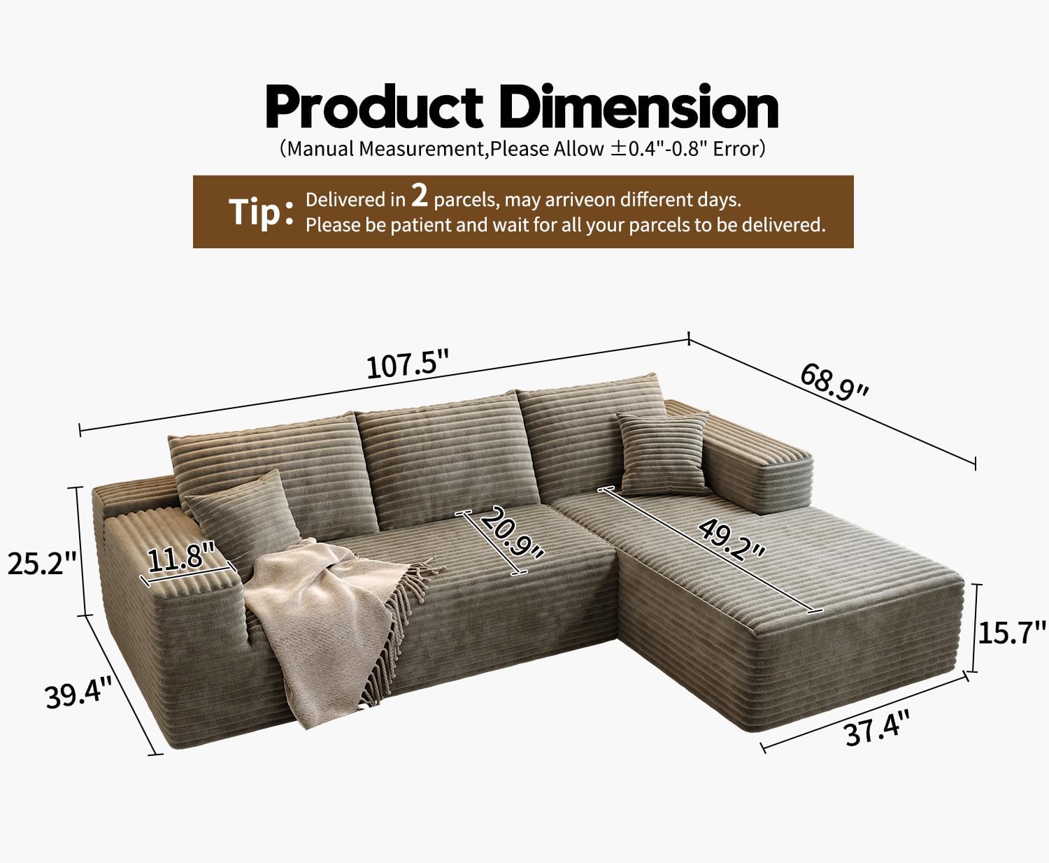 107.5 Cloud Modular Sectional Sofa Couch with L-Shape Chaise,Modern Minimalist Upholstered Couches for Living Room Bedroom,Deep Seat Corner Couch，No Assembly Required (Black,Left Facing Chaise)