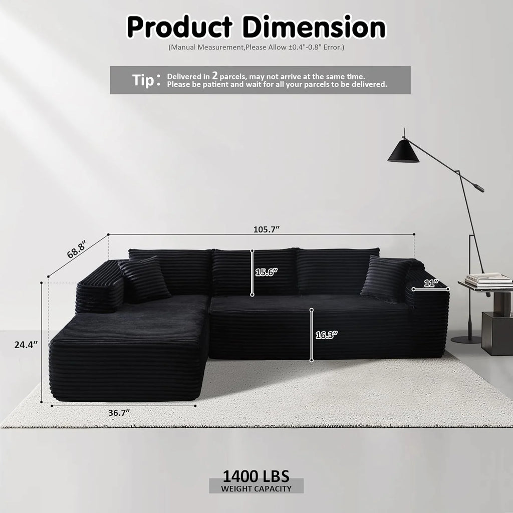 ovios 104 Cloud Sectional Couch with L-Shape Chaise,Modern Modular Sofa with Deep Seat, Upholstered Couches for Living Room Bedroom,No Assembly Required, Grey (Plush Corduroy Fabric)
