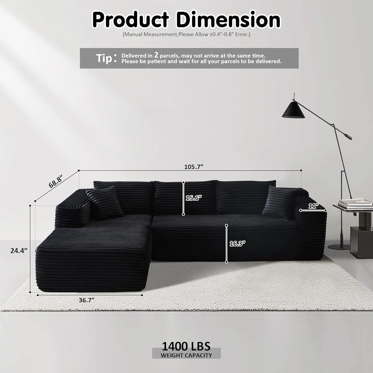 ovios 104 Cloud Sectional Couch with L-Shape Chaise,Modern Modular Sofa with Deep Seat, Upholstered Couches for Living Room Bedroom,No Assembly Required, Grey (Plush Corduroy Fabric)