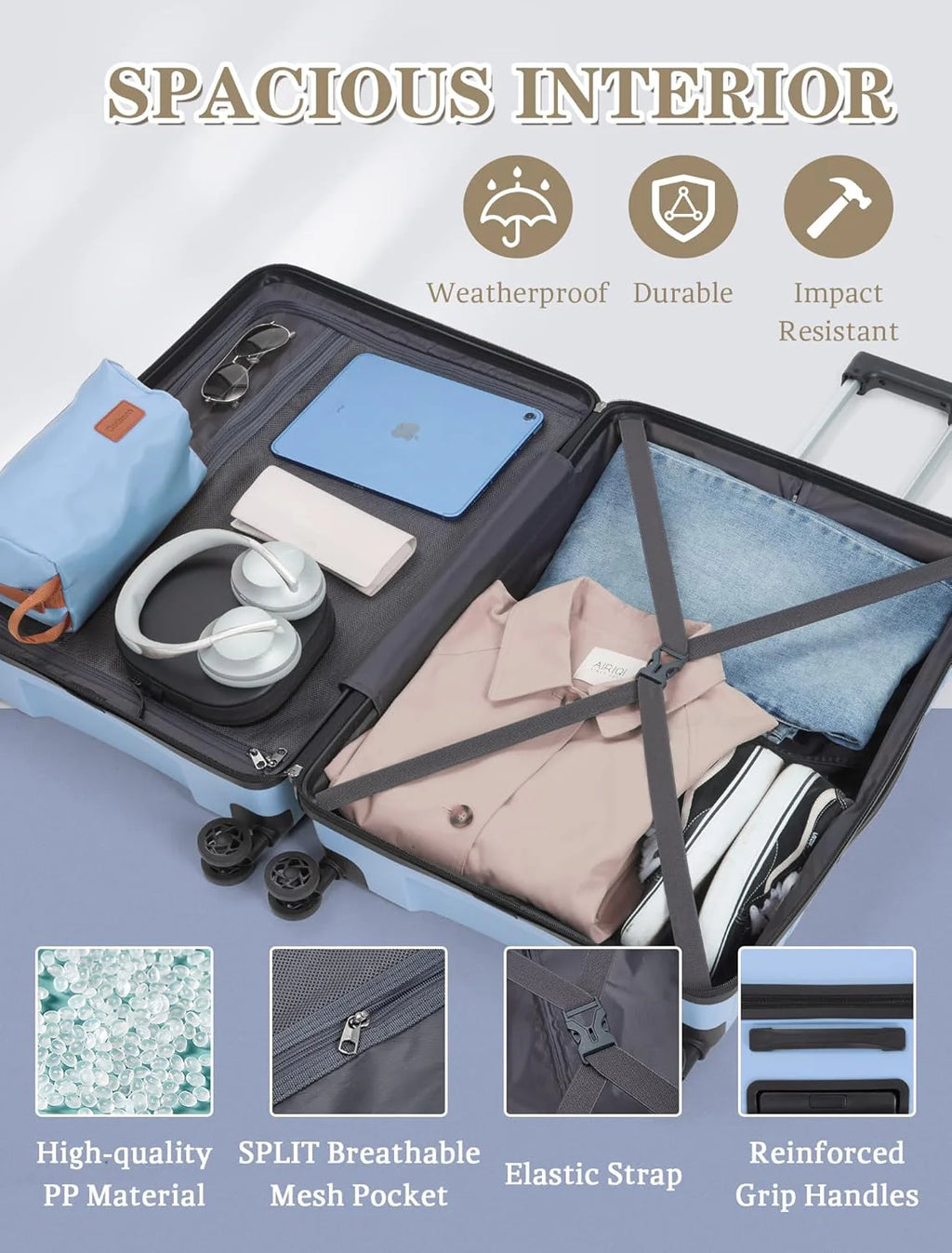 5-piece luggage set with wheels, ABS hardshell suitcase with spinner wheels