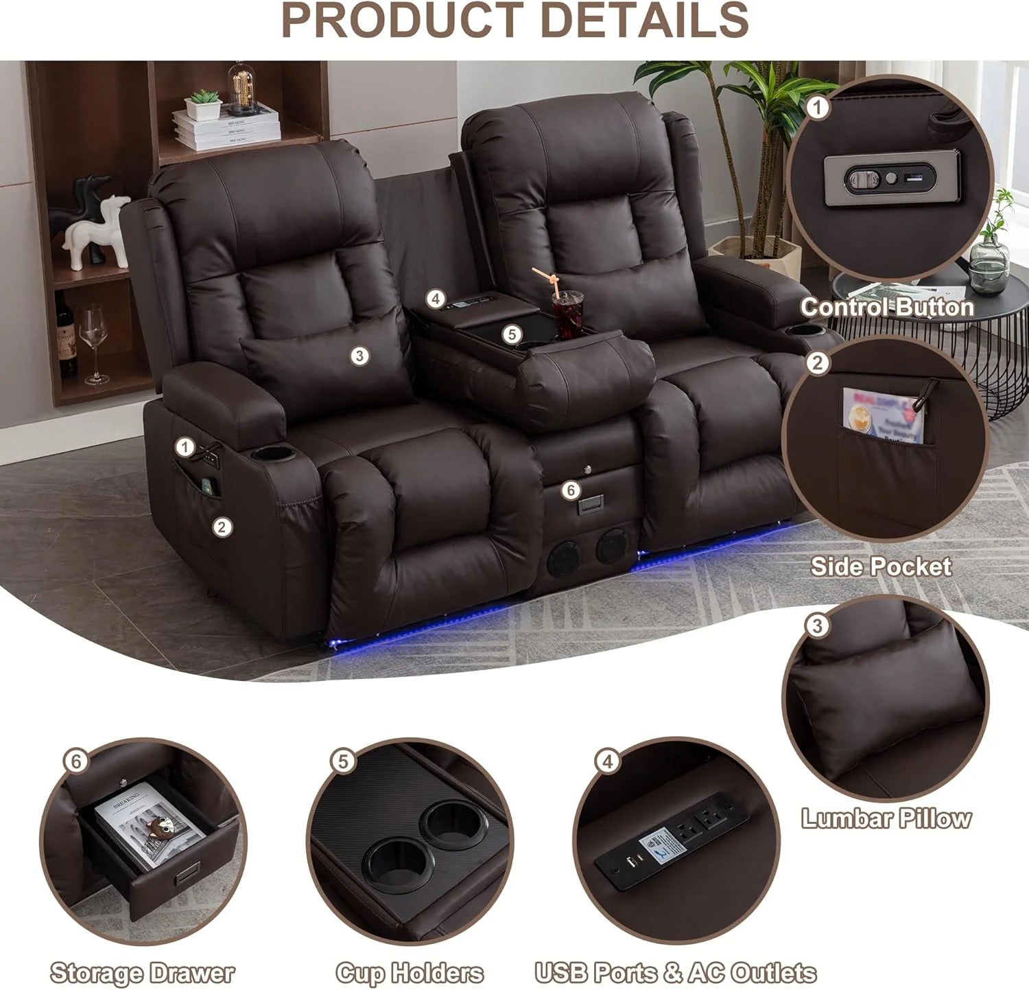 TUNYI Power Loveseat Recliner Sofa with Massage & Heat Home Theater Seating with Console Electric Recliner RV Sofa with USB/Outlet/Storage/Side Pocket/LED Light/Speaker (Brown, Loveseat)