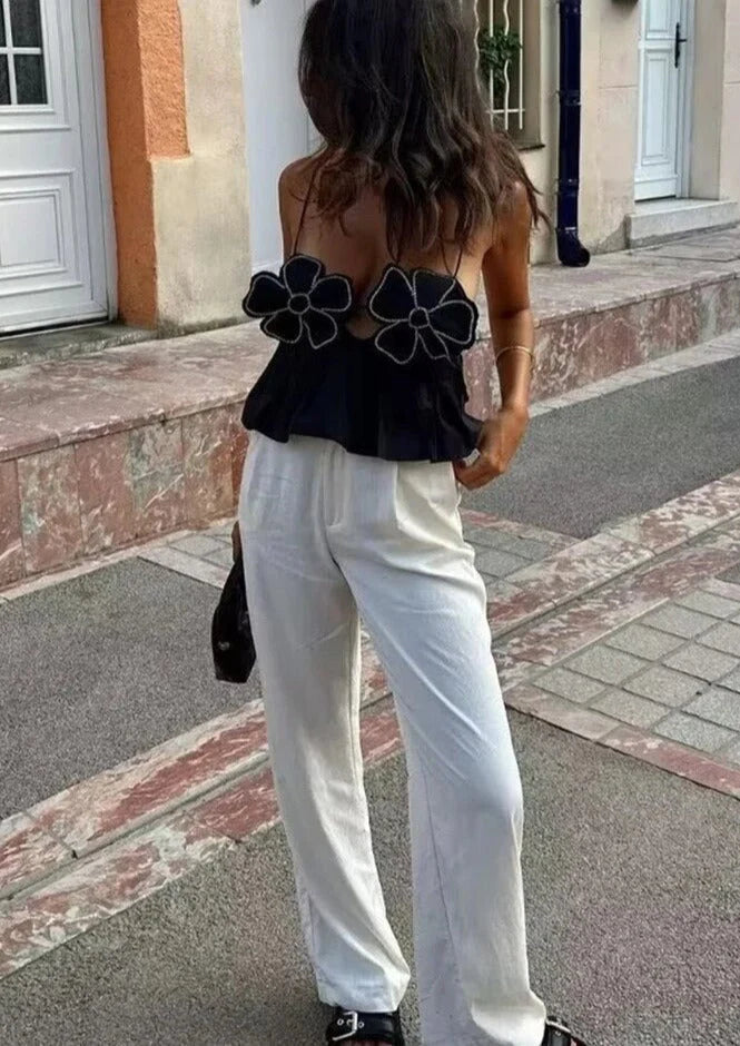 Haut noir en satin pour femme à col bénitier