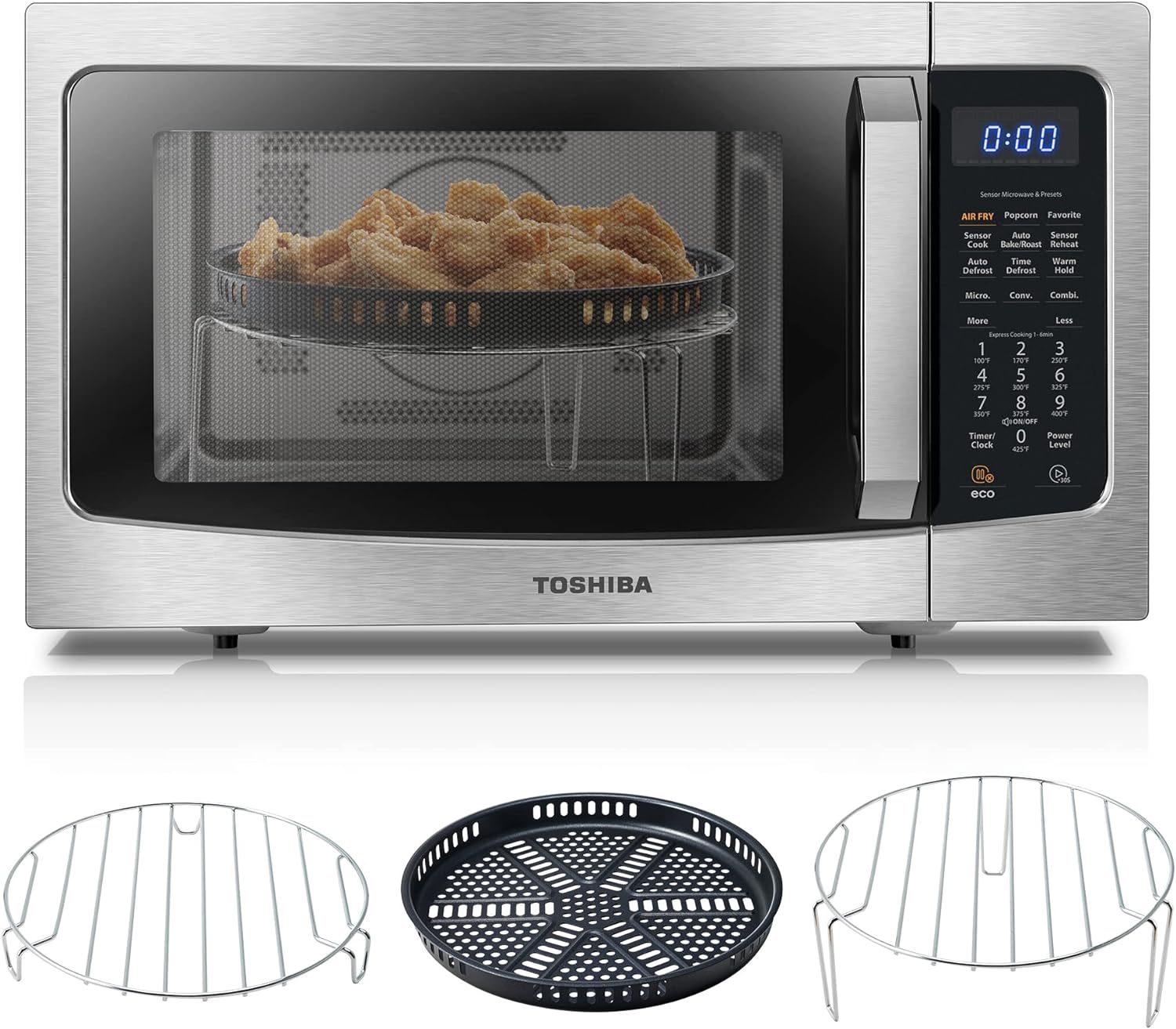 TOSHIBA 4-in-1 ML-EC42P(SS) Countertop Microwave Oven, Smart Sensor, Convection, Air Fryer Combo, Mute Function, Position Memory 13.6′′ Turntable, 1.5 Cu Ft, 1000W, Silver