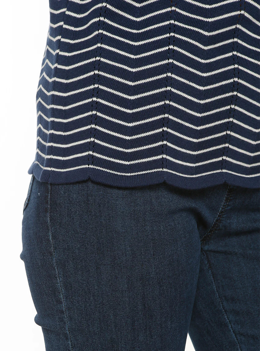 Pull femme coton manches courtes marine/crème