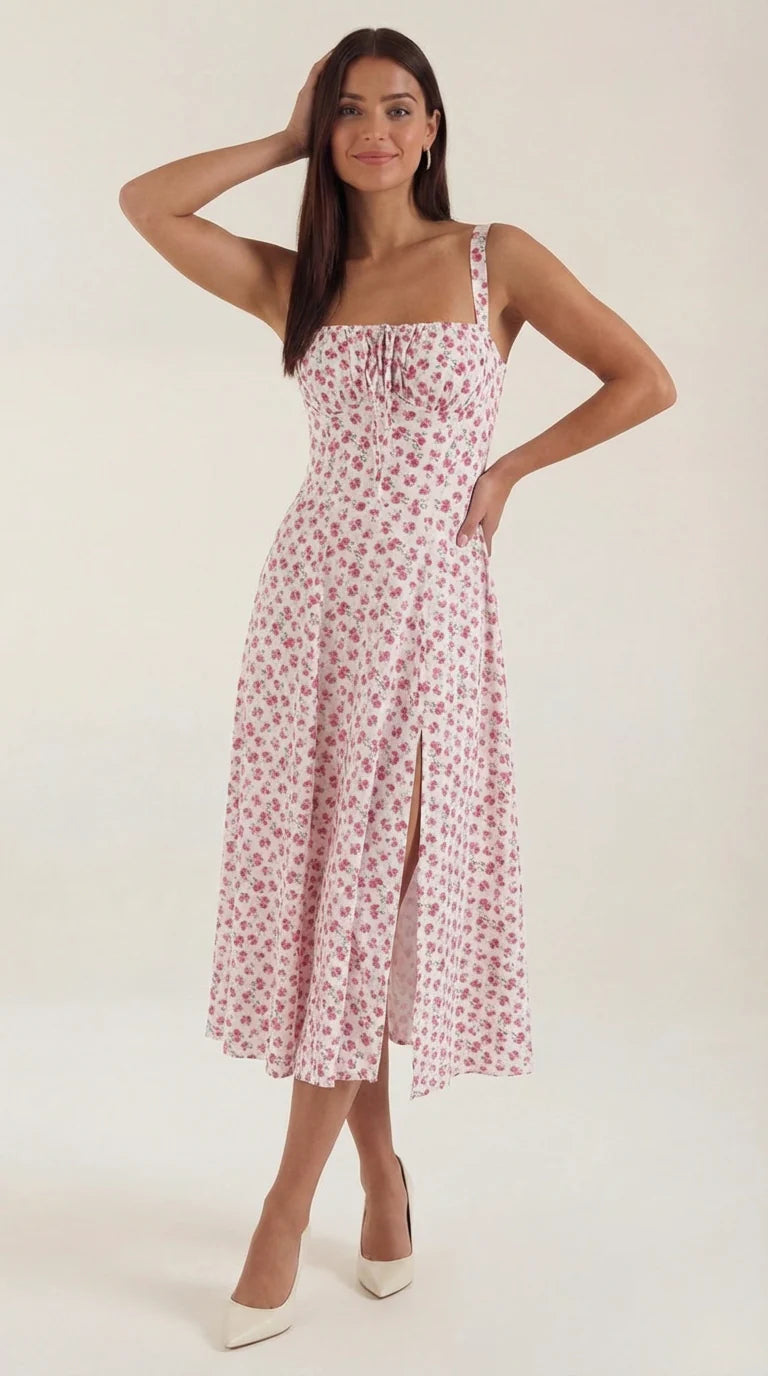 Robe midi fleurie pour femmes, idéale pour les invitées de mariage
