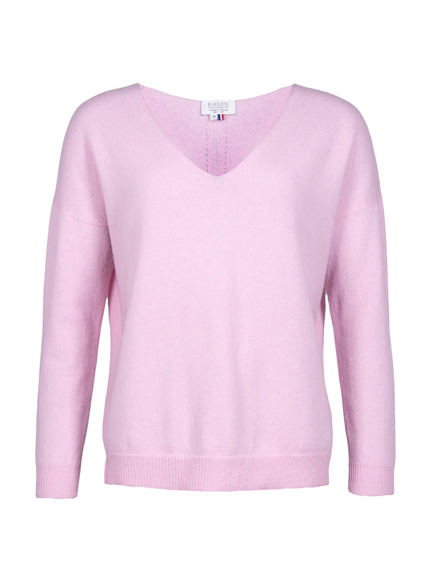 Pull femme col V laine et cachemire rose