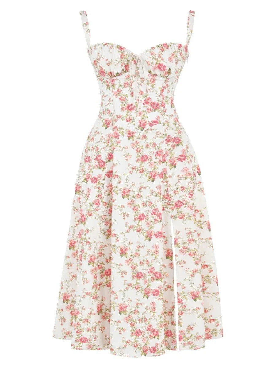 Robe moulante bustier à fleurs et taille découverte