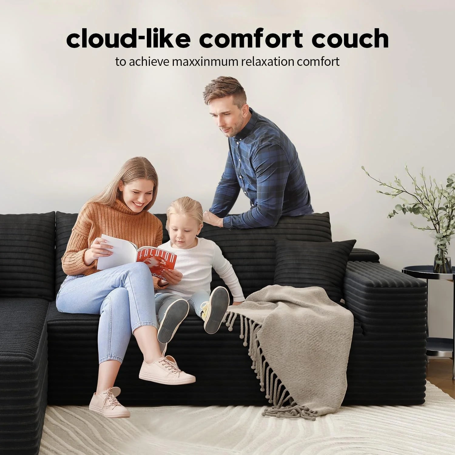 107.5 Cloud Modular Sectional Sofa Couch with L-Shape Chaise,Modern Minimalist Upholstered Couches for Living Room Bedroom,Deep Seat Corner Couch，No Assembly Required (Black,Left Facing Chaise)