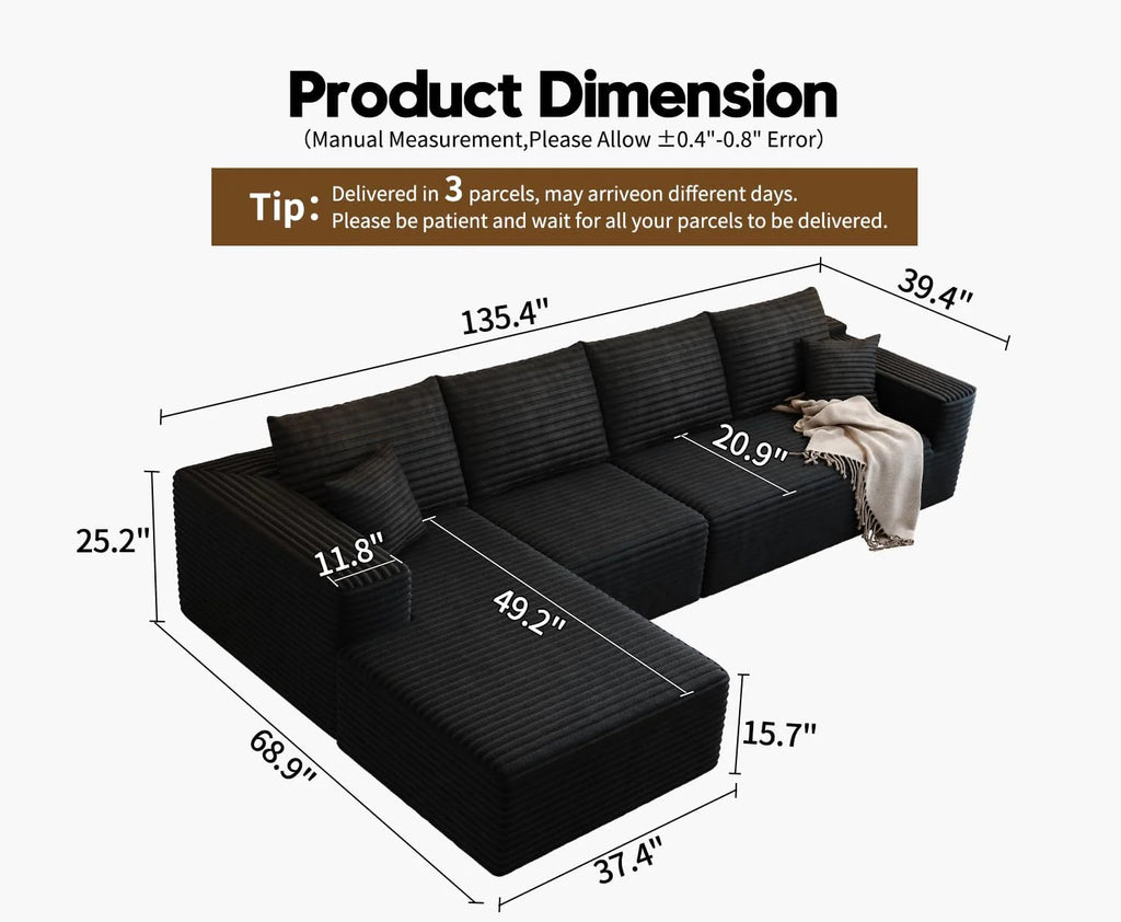 107.5 Cloud Modular Sectional Sofa Couch with L-Shape Chaise,Modern Minimalist Upholstered Couches for Living Room Bedroom,Deep Seat Corner Couch，No Assembly Required (Black,Left Facing Chaise)