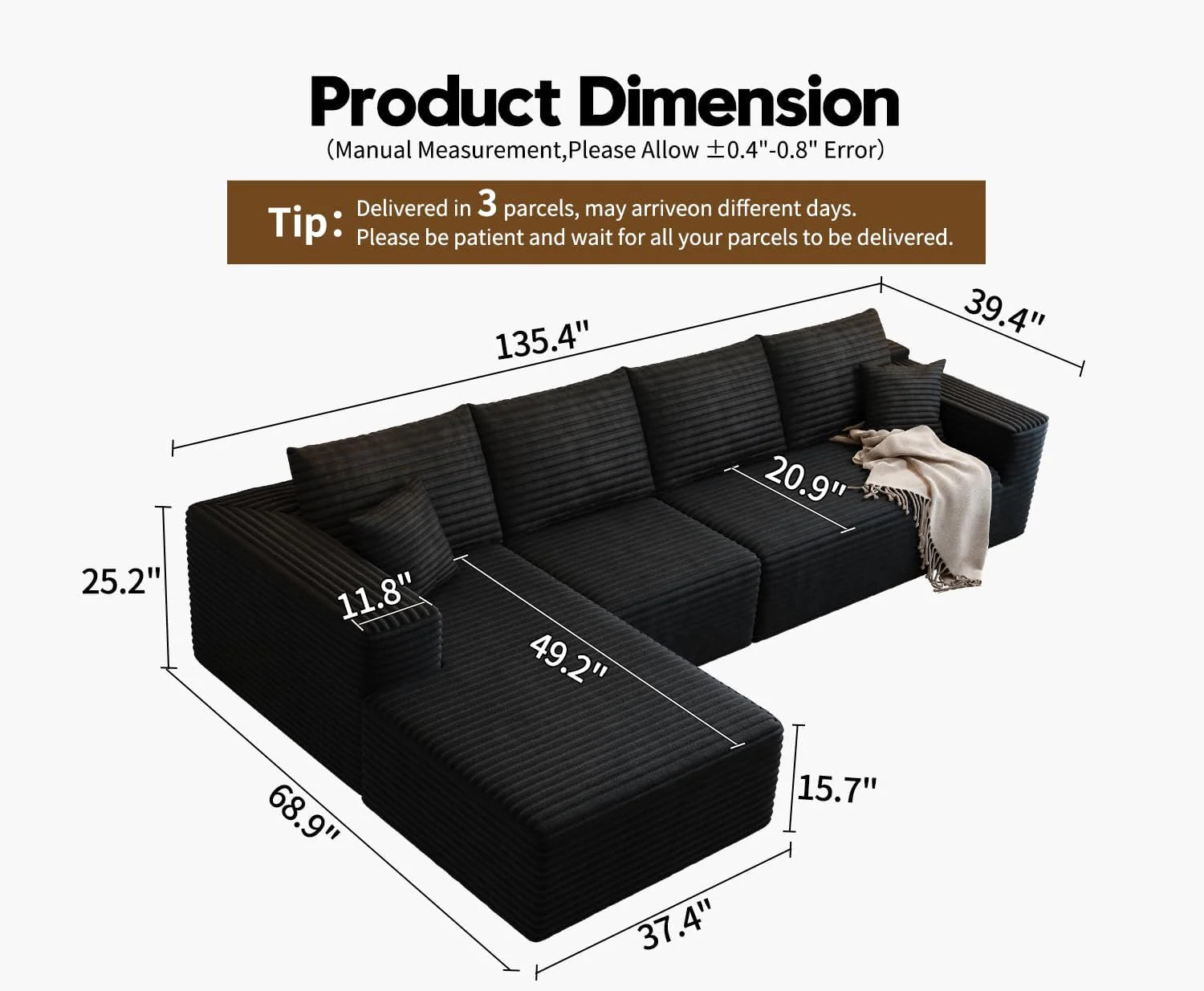 107.5 Cloud Modular Sectional Sofa Couch with L-Shape Chaise,Modern Minimalist Upholstered Couches for Living Room Bedroom,Deep Seat Corner Couch，No Assembly Required (Black,Left Facing Chaise)