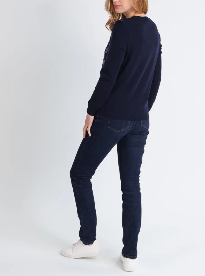 Pull jacquard femme en laine mérinos bleu